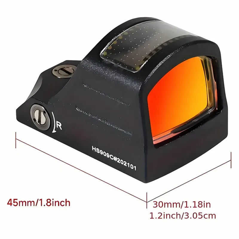 Solar-Powered Reflective Red Dot Scope with Orange-Red Accents,
