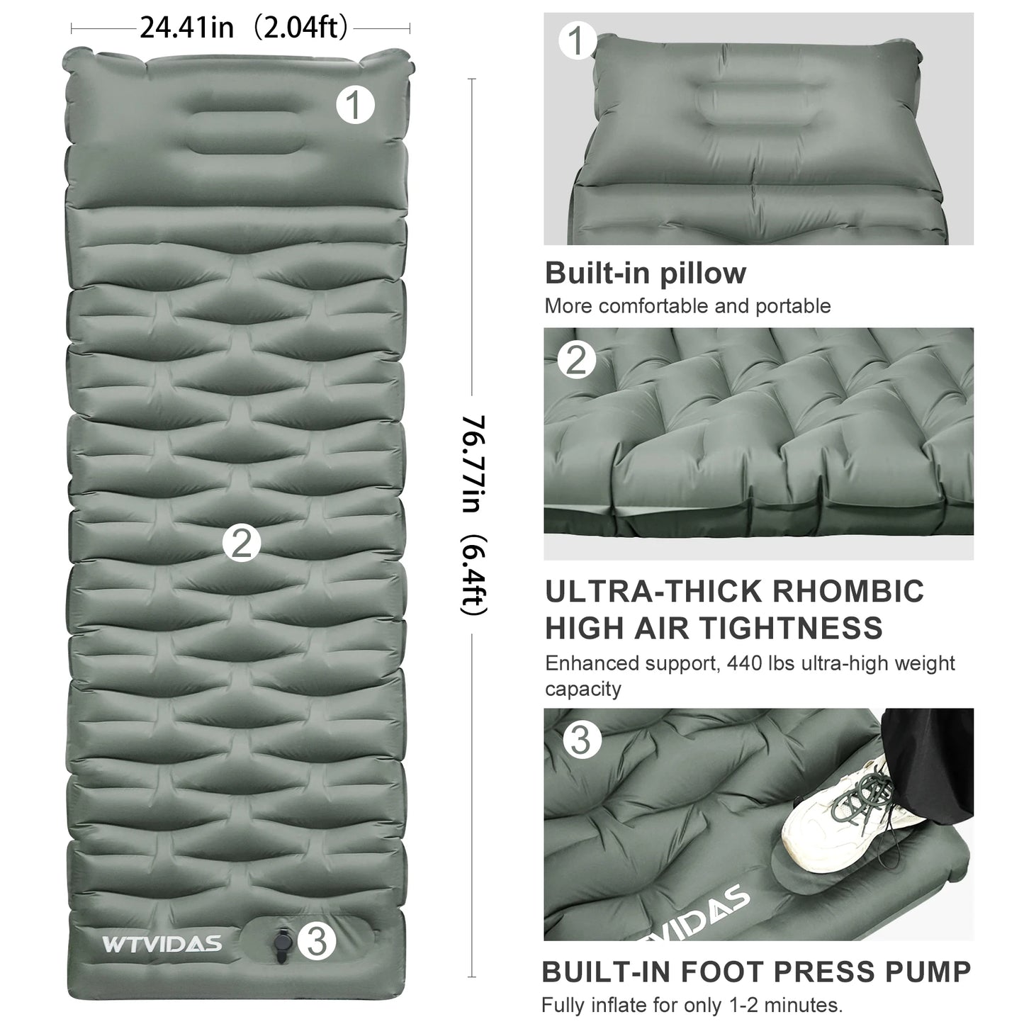 WTVIDAS Camping Sleeping Inflatable Mattress with Built-in Pump & Pillow
