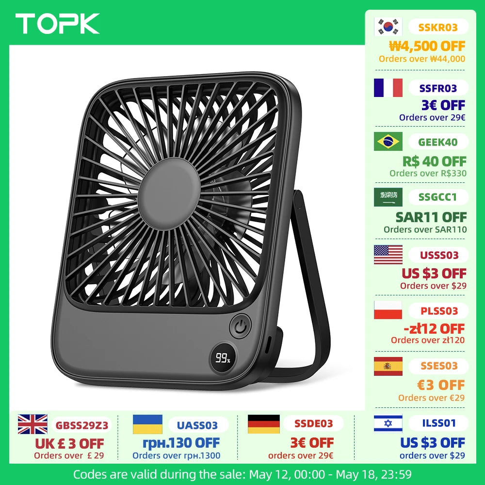 TOPK Rechargeable Mini Fan for Camping,with Battery