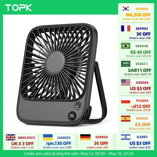 TOPK Rechargeable Mini Fan for Camping,with Battery