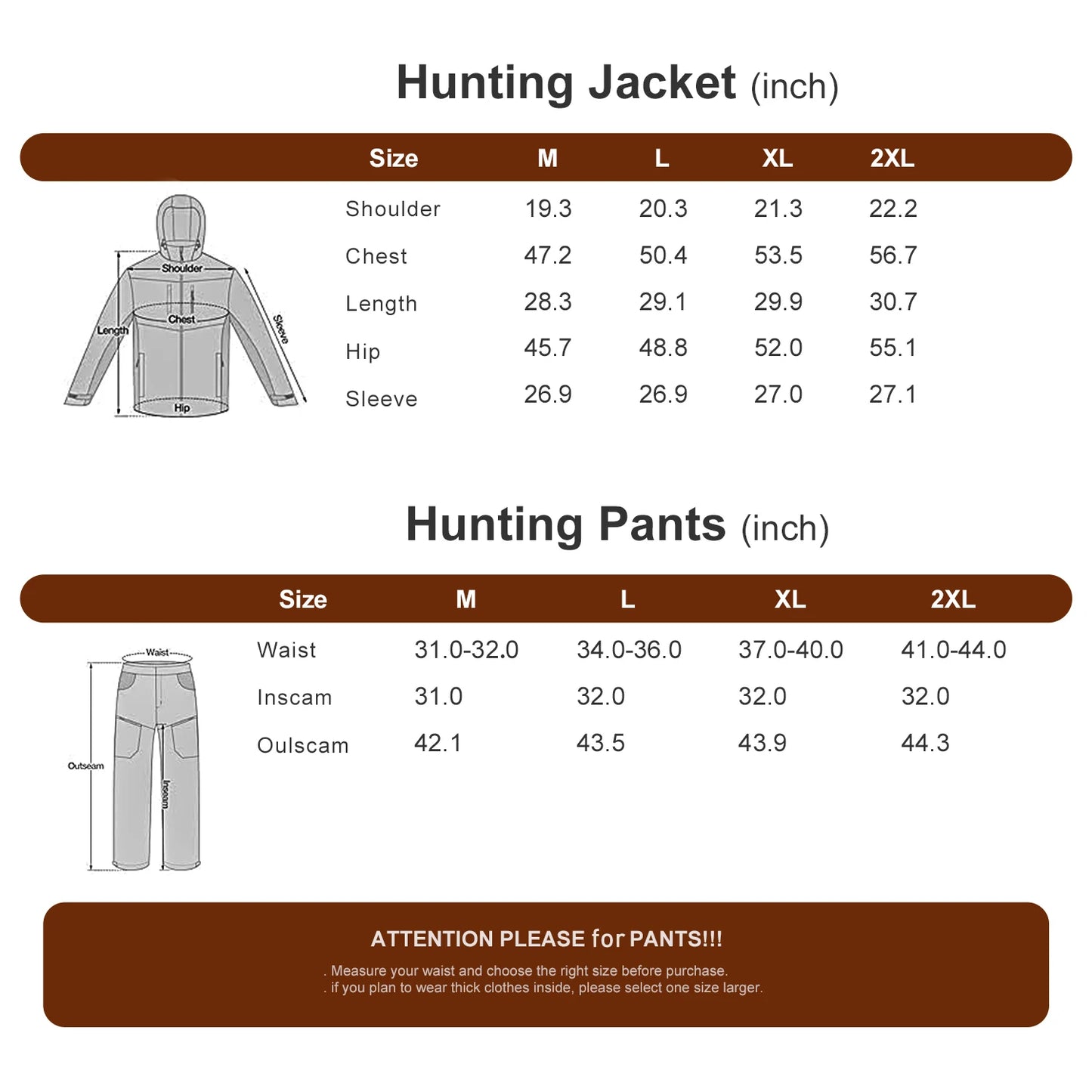 Hunting Jacket and pants with Fleece Lining and Safety Strap