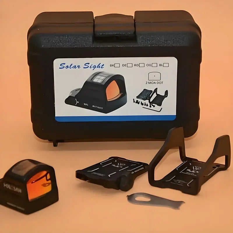 Solar-Powered Reflective Red Dot Scope with Orange-Red Accents,