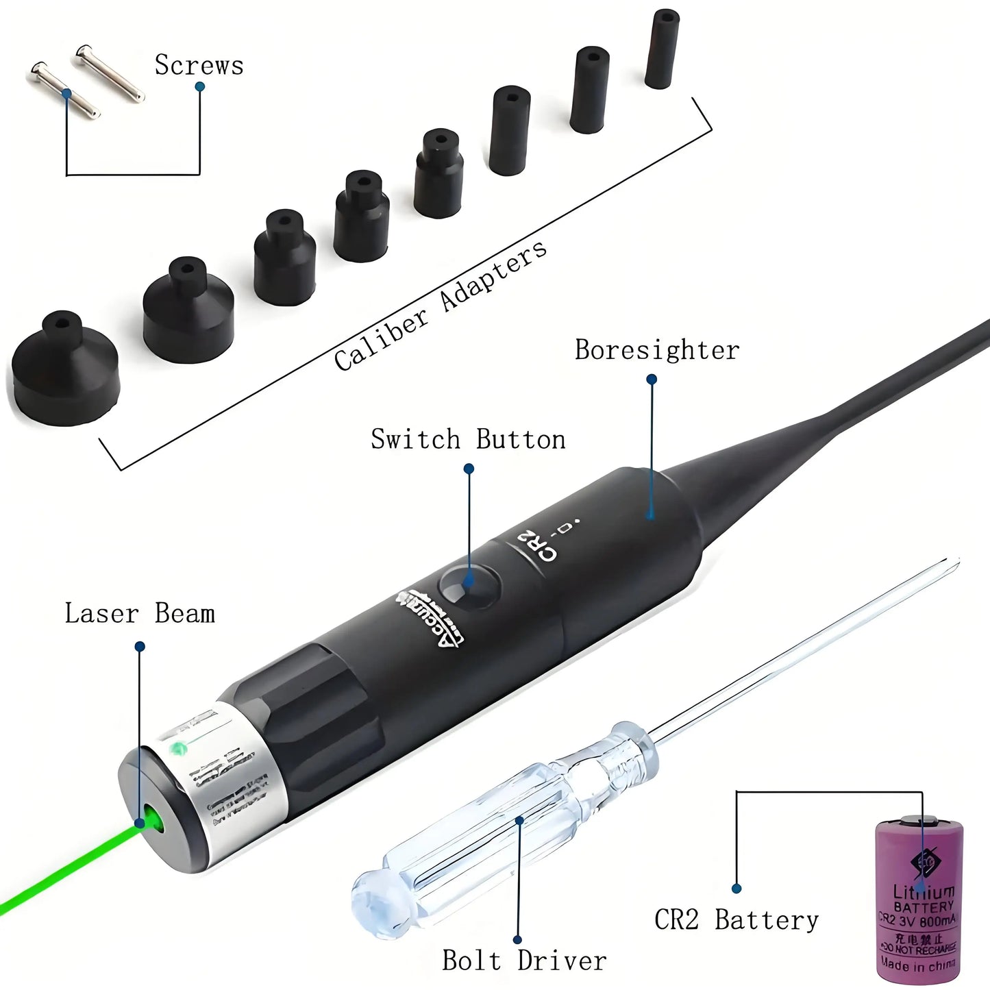 Green Boresighter Kit With 8/32 Adapters - Multiple Caliber