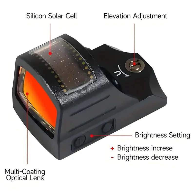 Solar-Powered Reflective Red Dot Scope with Orange-Red Accents,