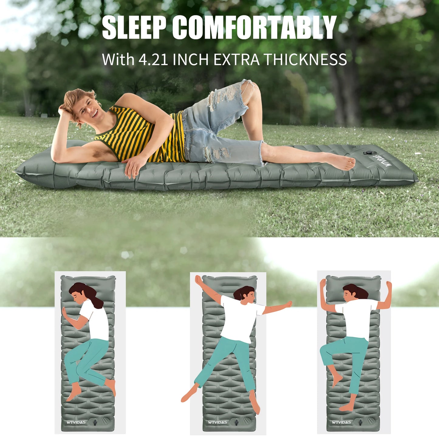 WTVIDAS Camping Sleeping  Inflatable Mattress with Built-in Pump & Pillow