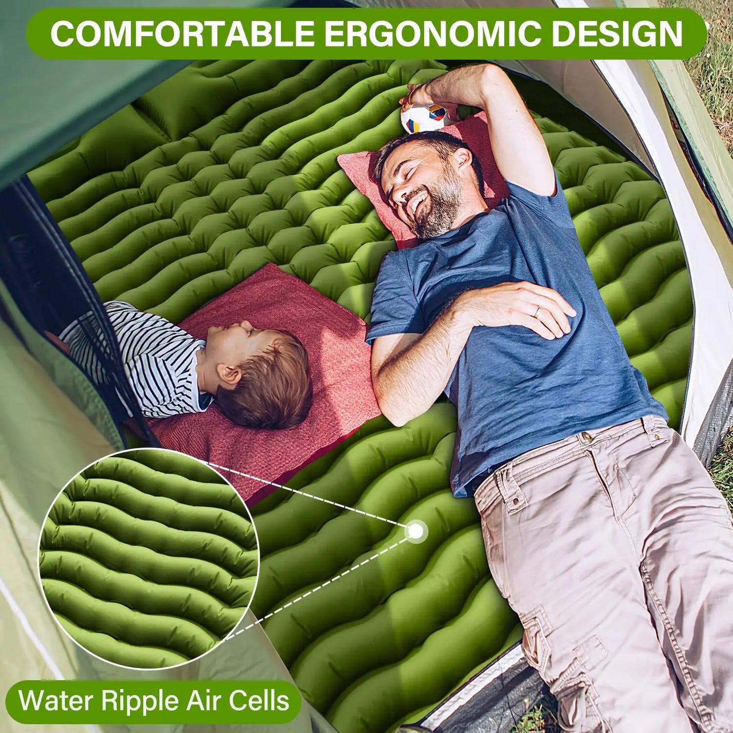 WESTTUNE 4" Double Sleeping Pad  with Pillow and Built-in Foot Pump