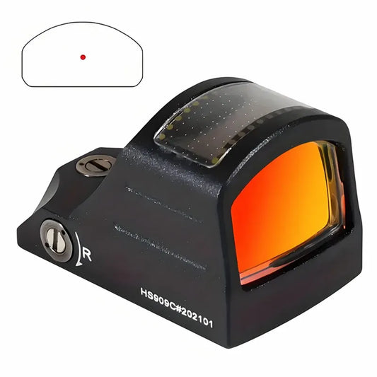 Solar-Powered Reflective Red Dot Scope with Orange-Red Accents,