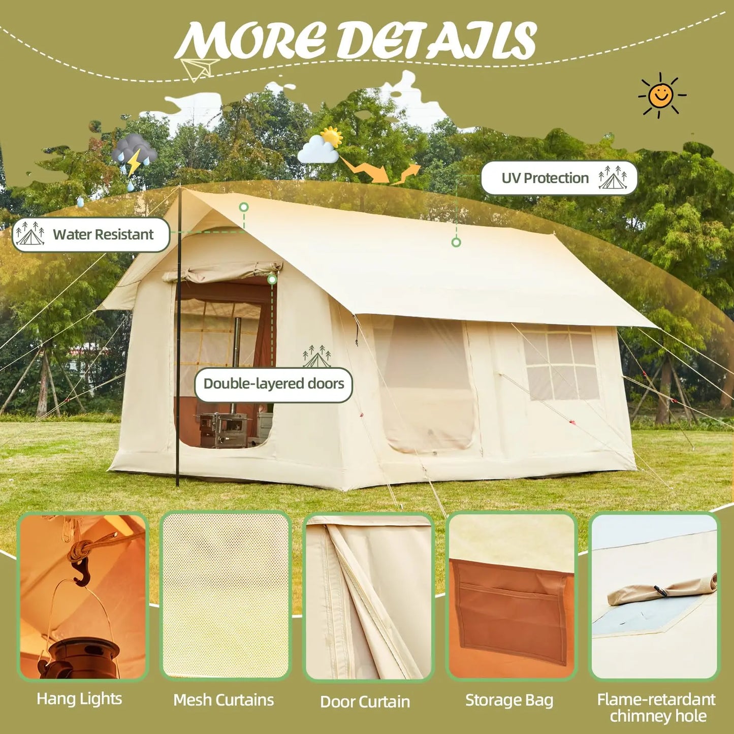 10-12 People Inflatable Tent for Camping Easy Setup with stove jack.