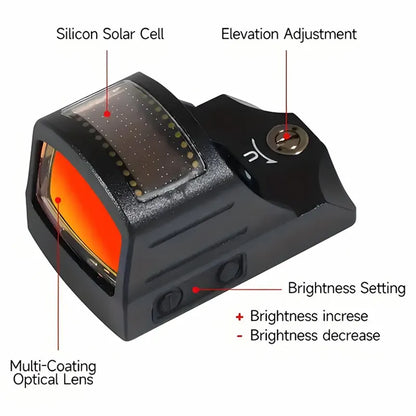 Solar-Powered Reflective Red Dot Scope with Orange-Red Accents,